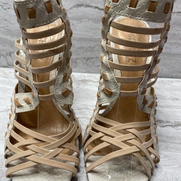 SCHUTZ Snake Print Caged High Heels Leather Sole White Tan Open Toe Ankle Strap - Picture 4 of 16